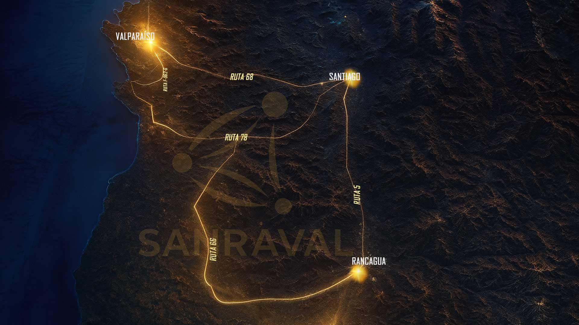 Mapa artístico del eje Santiago–Rancagua–Valparaíso